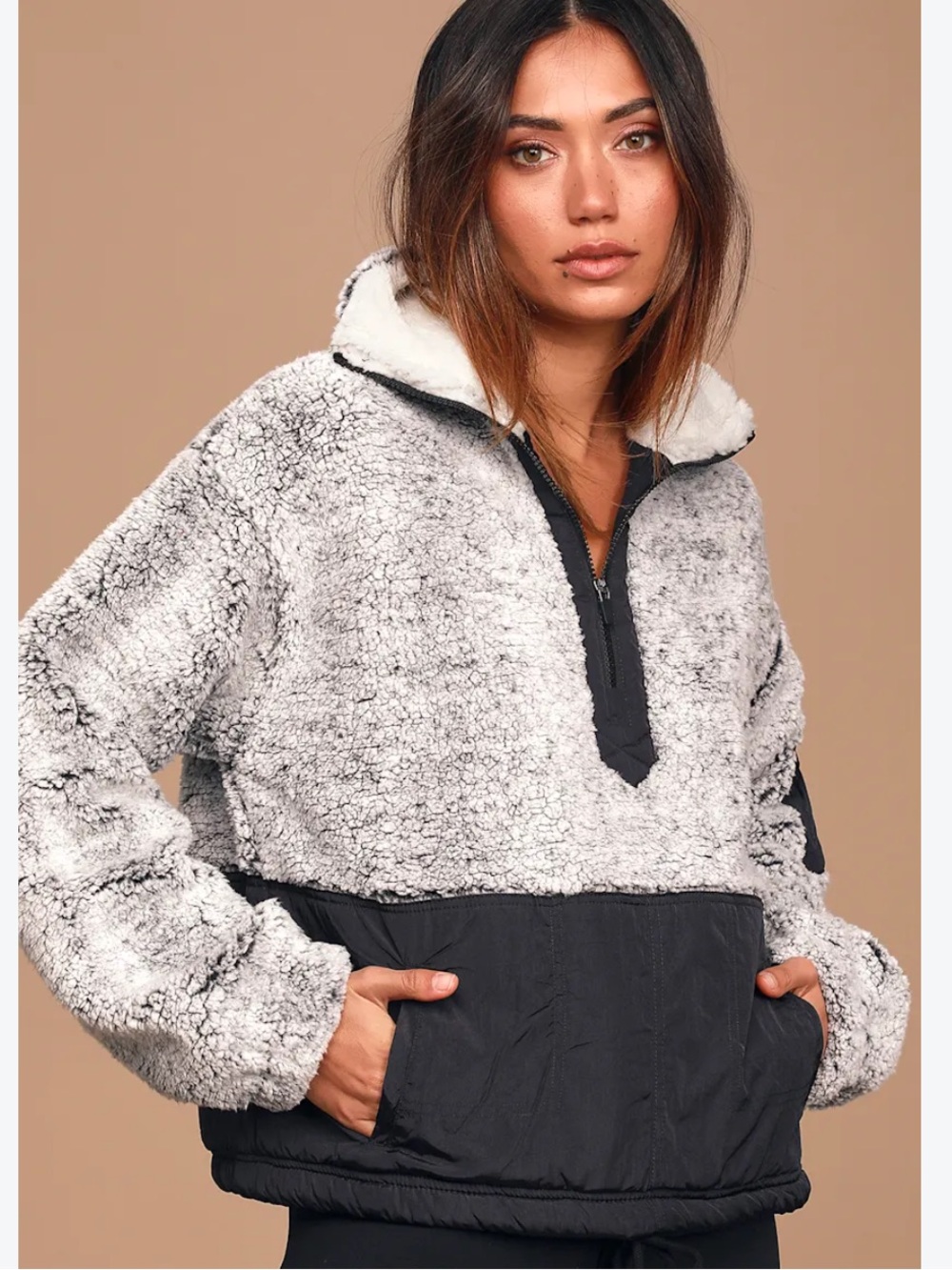 Free People FP Movement BFF Fleece Pullover Black Gray Sherpa Half Zip